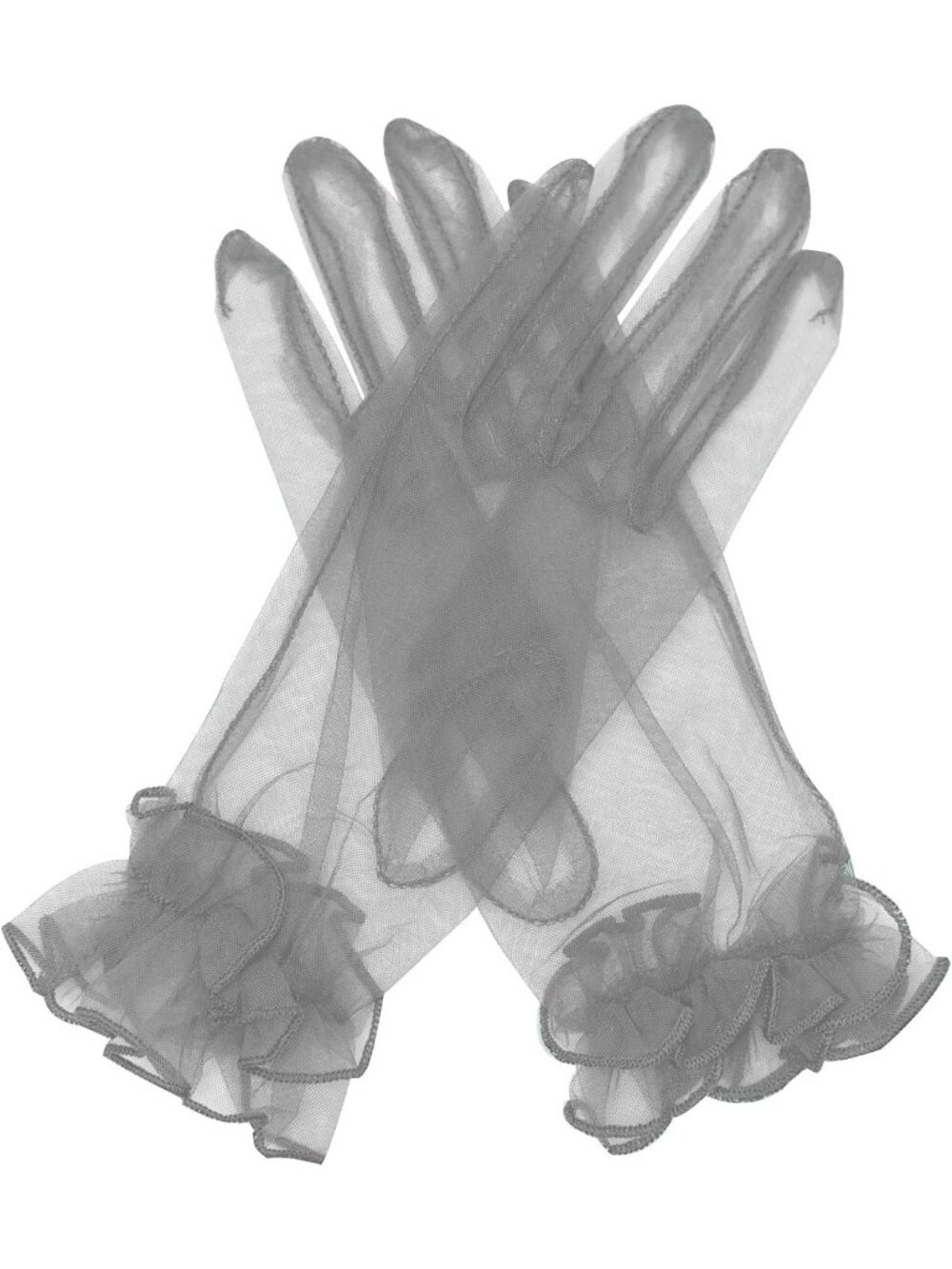 Women's Silver Ruffled Short Sheer Wrist Length Halloween Tulle Mesh Gloves